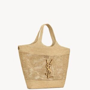 ICARE IN RAFFIA beach bag beige with brown leather accents large size with pouch